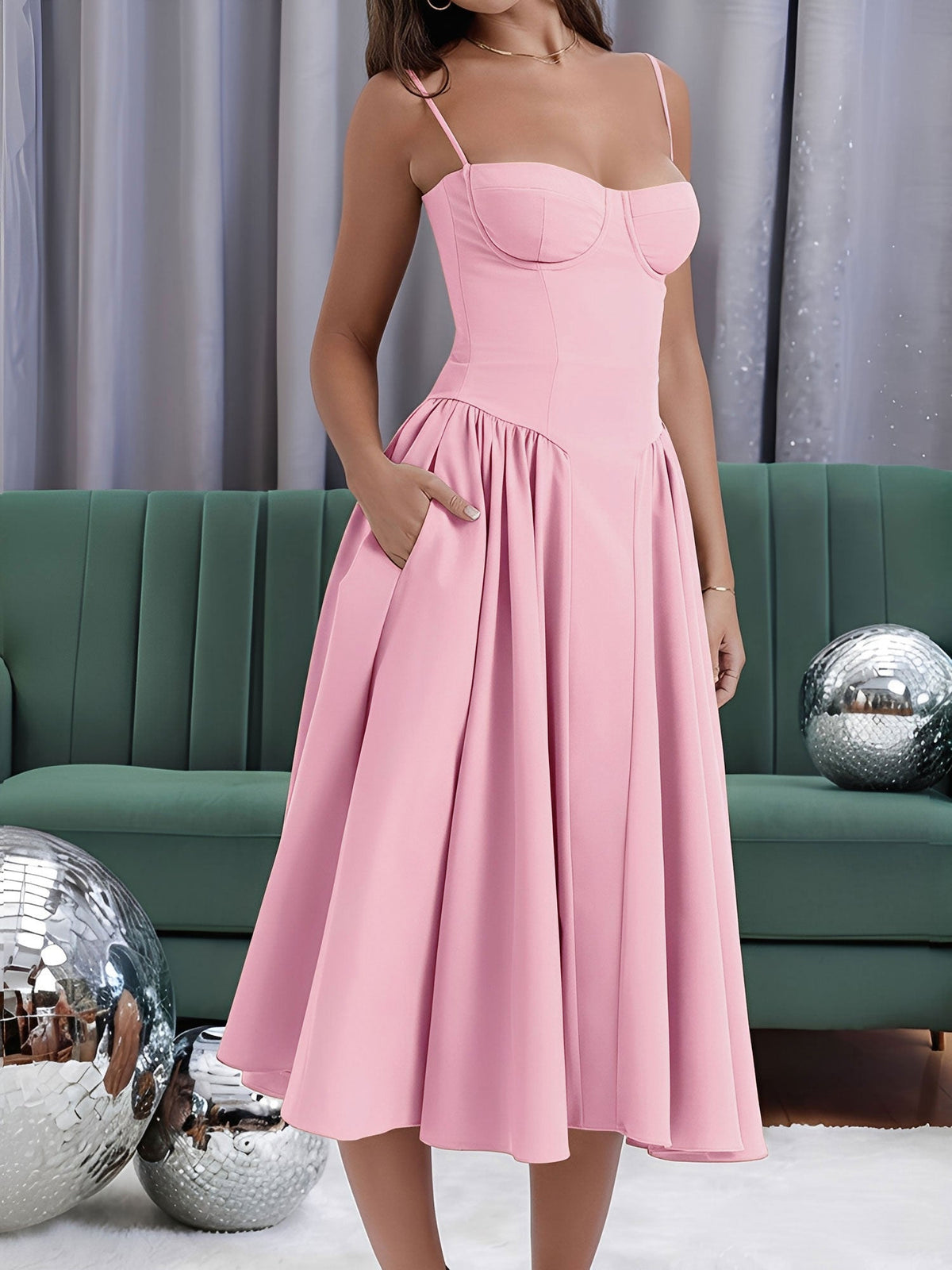 Spaghetti Strap Backless Pockets A-Line Midi Dress