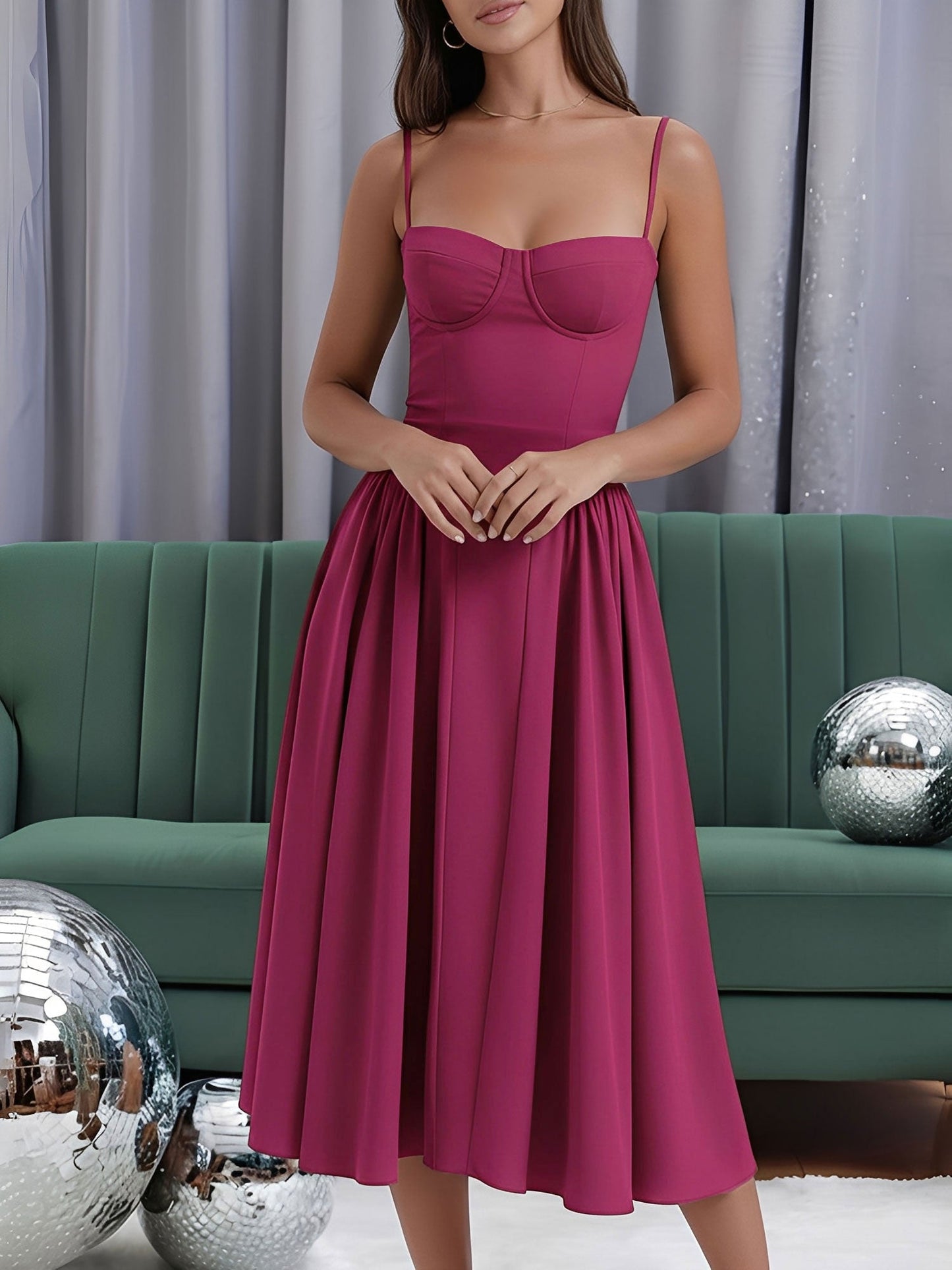 Spaghetti Strap Backless Pockets A-Line Midi Dress