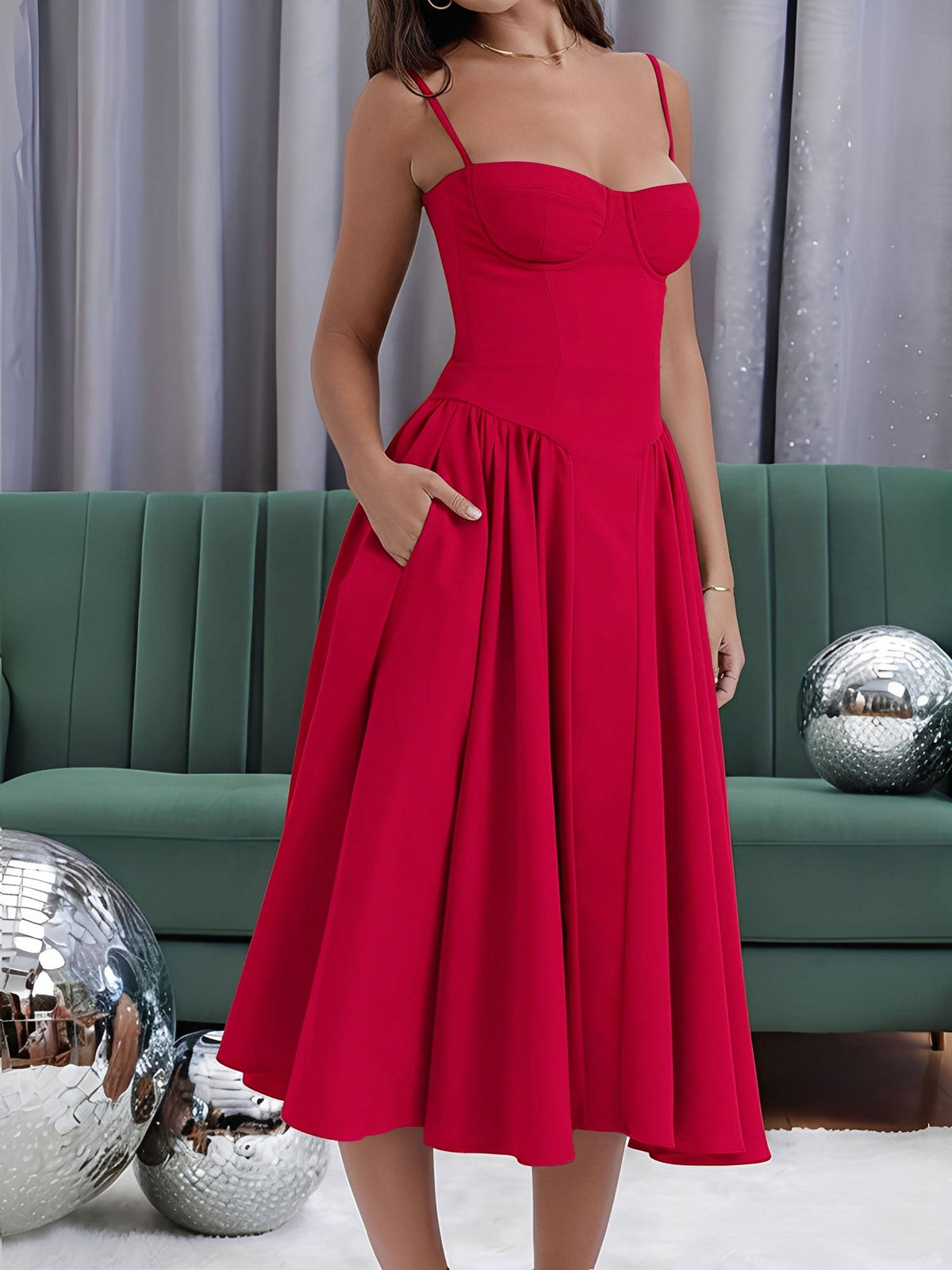 Spaghetti Strap Backless Pockets A-Line Midi Dress