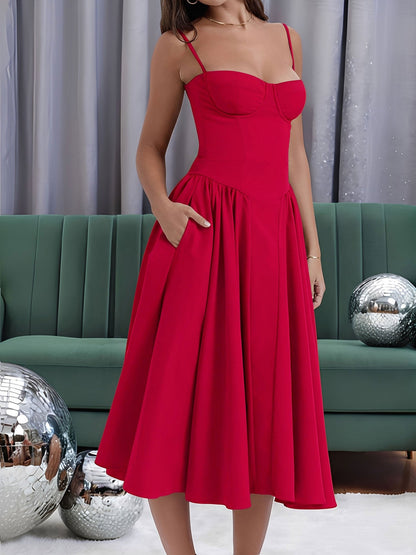 Spaghetti Strap Backless Pockets A-Line Midi Dress