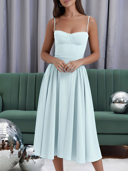 Spaghetti Strap Backless Pockets A-Line Midi Dress