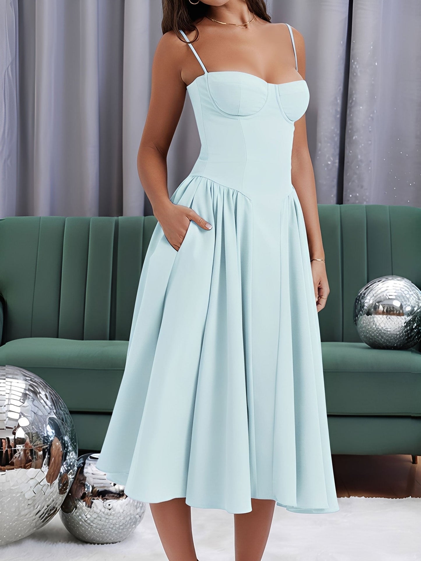 Spaghetti Strap Backless Pockets A-Line Midi Dress