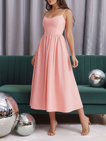 Backless Spaghetti Strap A-Line Midi Dress