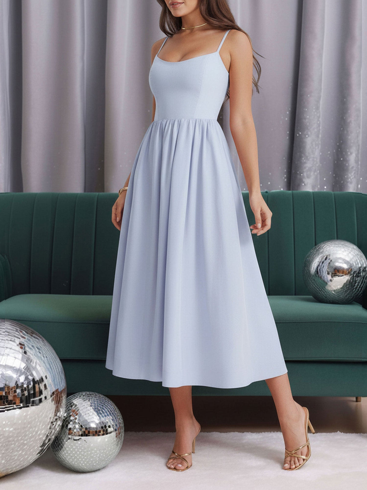 Backless Spaghetti Strap A-Line Midi Dress