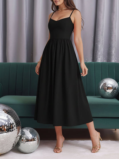 Backless Spaghetti Strap A-Line Midi Dress