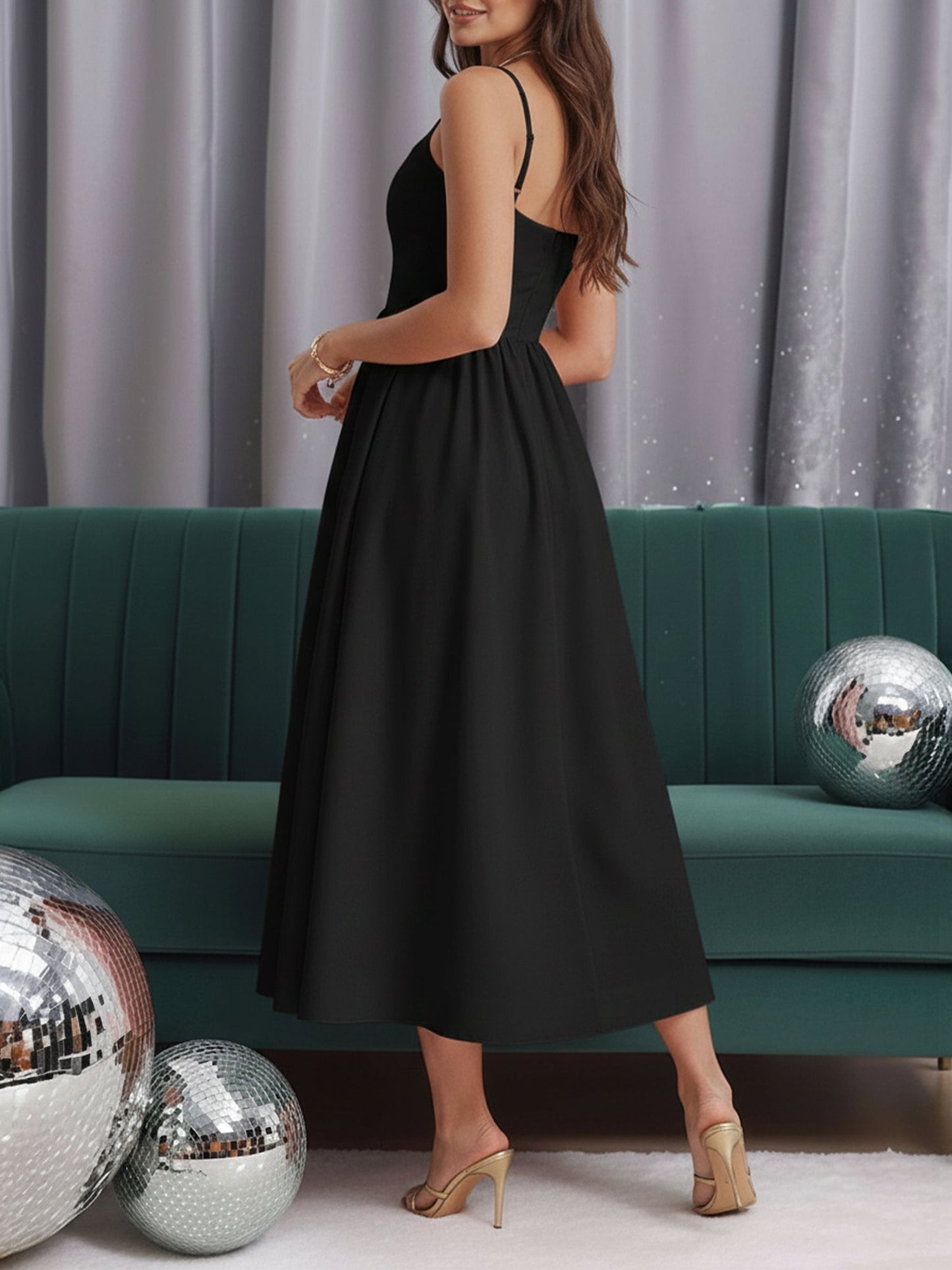 Backless Spaghetti Strap A-Line Midi Dress