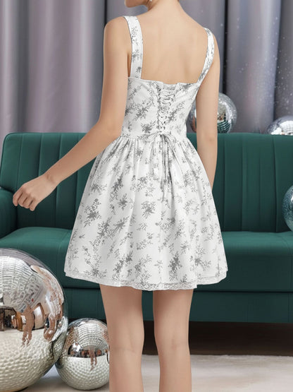 Lace-Trimmed Sleeveless Lace-Up Mini A-Line Dress