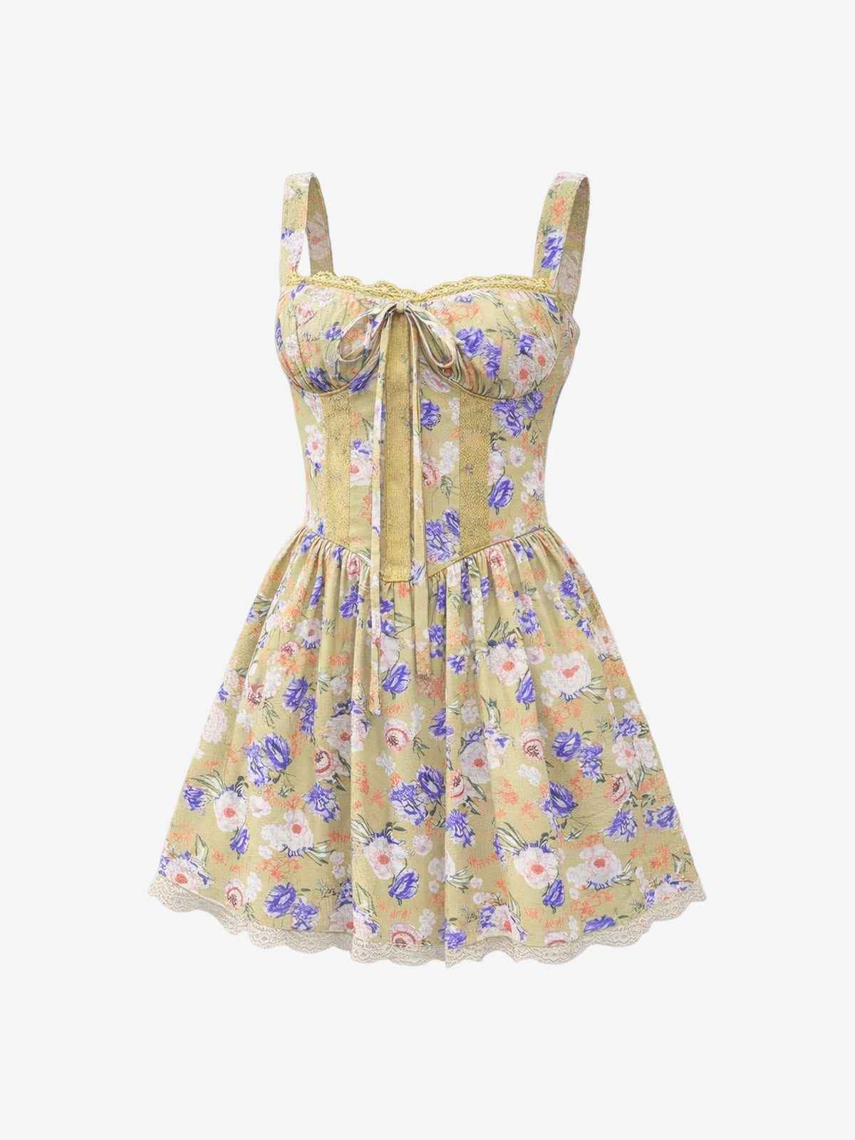 Lace-Trimmed Sleeveless Lace-Up Mini A-Line Dress