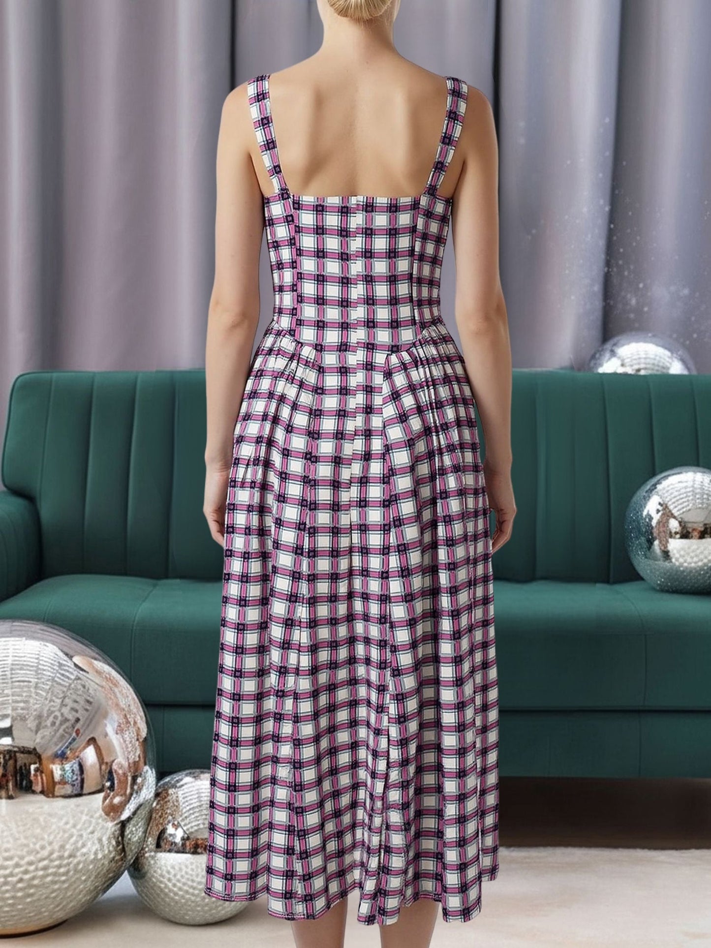 Vintage Spaghetti Strap Floral/Plaid Swing Dress
