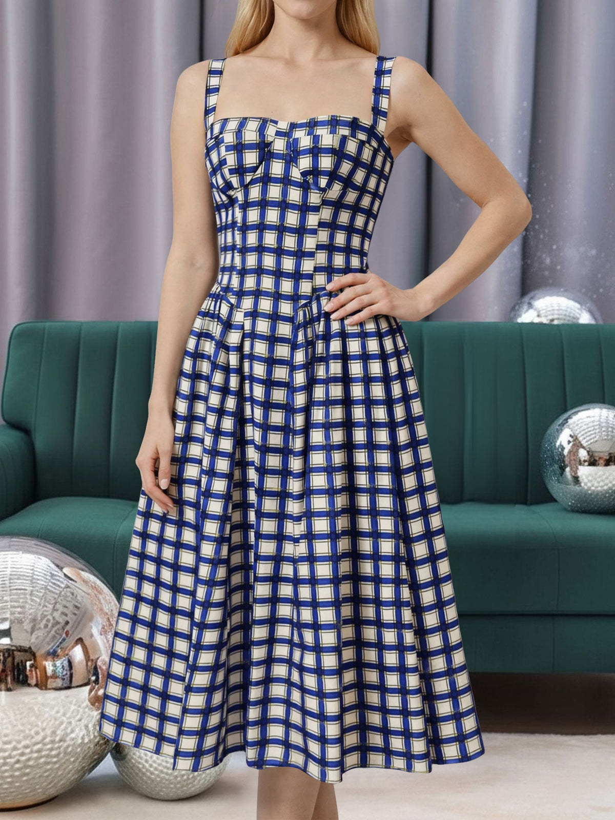 Vintage Spaghetti Strap Floral/Plaid Swing Dress