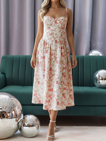 Vintage Spaghetti Strap Floral/Plaid Swing Dress