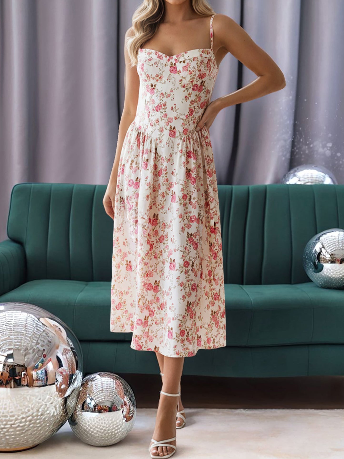 Vintage Spaghetti Strap Floral/Plaid Swing Dress