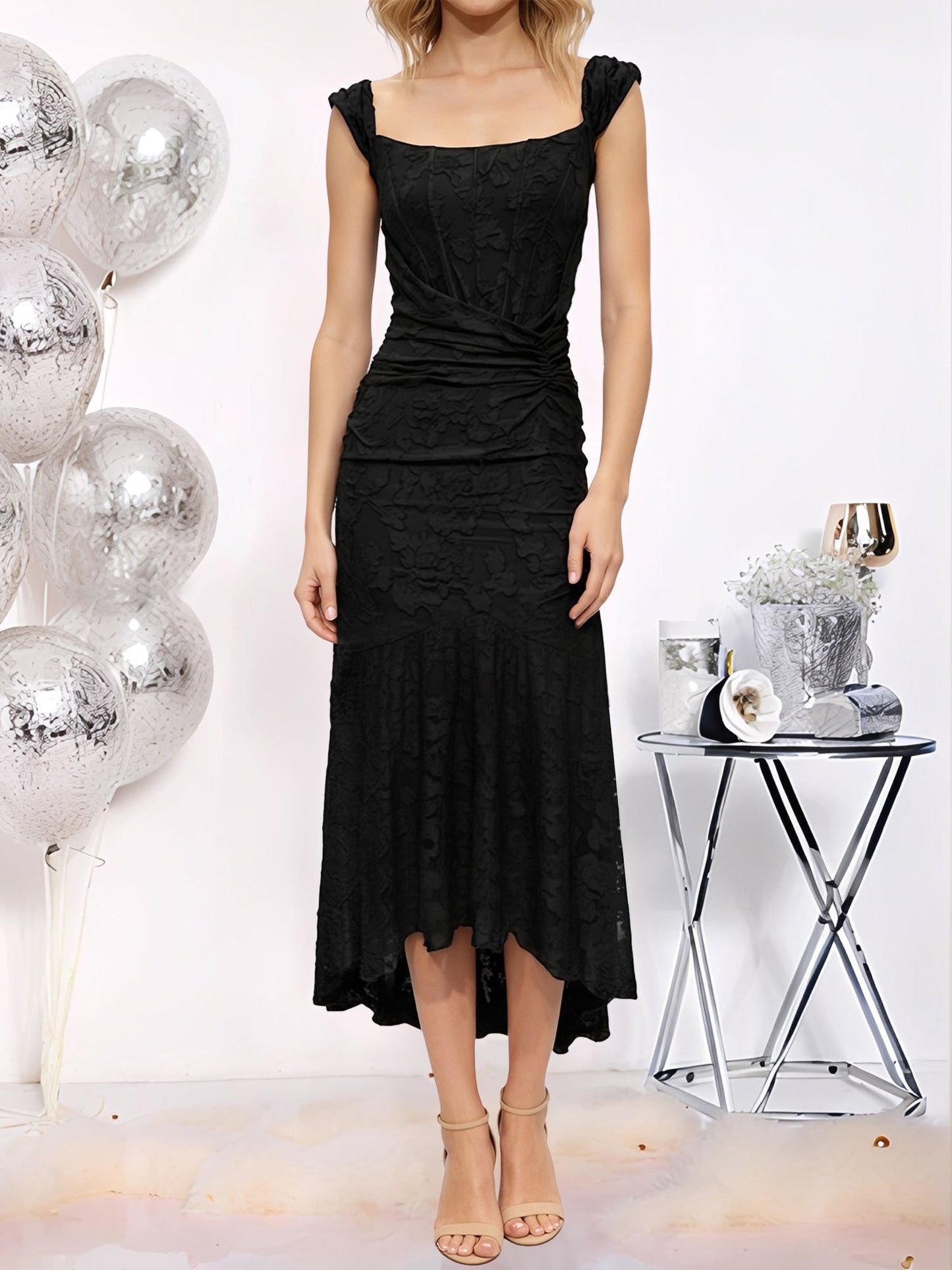Sleeveless Ruched Textured Bodycon Fishtail Dress