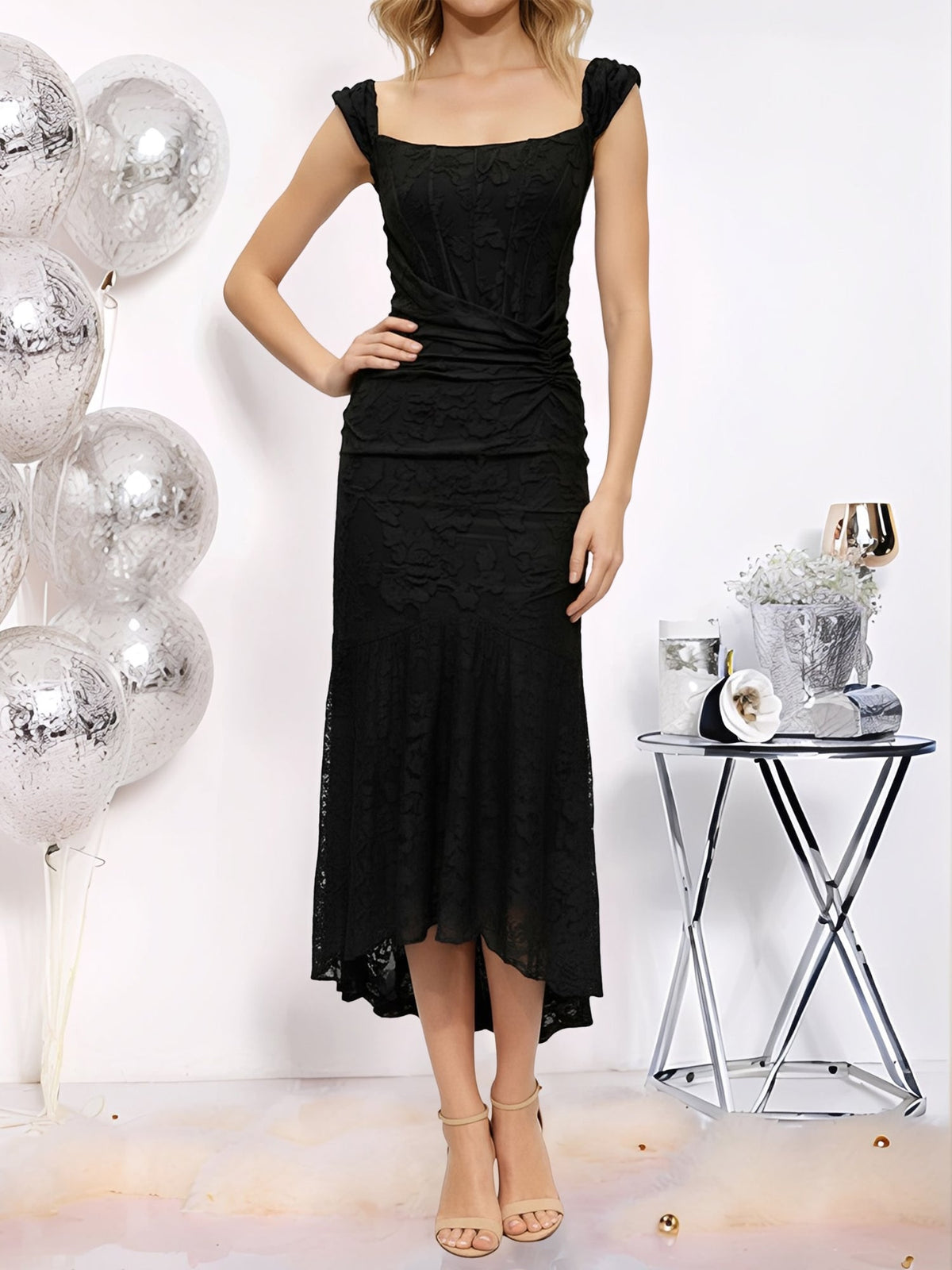 Sleeveless Ruched Textured Bodycon Fishtail Dress