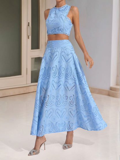2 Pieces Sleeveless Eyelet Cropped Top & Maxi Pockets Skirt Matching Set