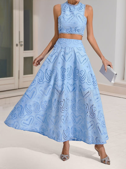 2 Pieces Sleeveless Eyelet Cropped Top & Maxi Pockets Skirt Matching Set
