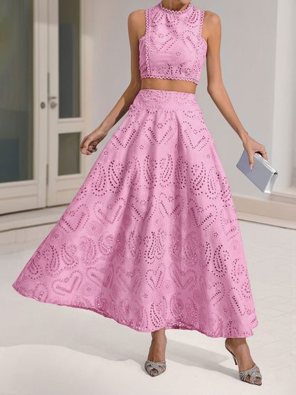 2 Pieces Sleeveless Eyelet Cropped Top & Maxi Pockets Skirt Matching Set