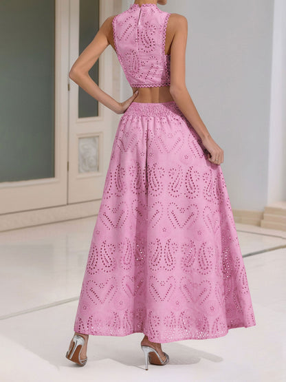 2 Pieces Sleeveless Eyelet Cropped Top & Maxi Pockets Skirt Matching Set