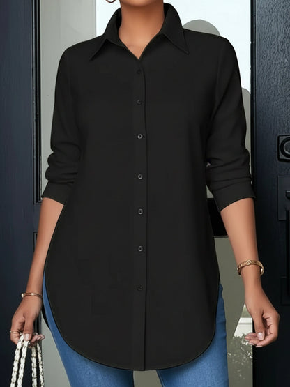 Collared Long Sleeves Solid Color Side Slit Shirt