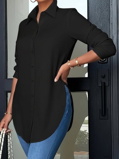Collared Long Sleeves Solid Color Side Slit Shirt
