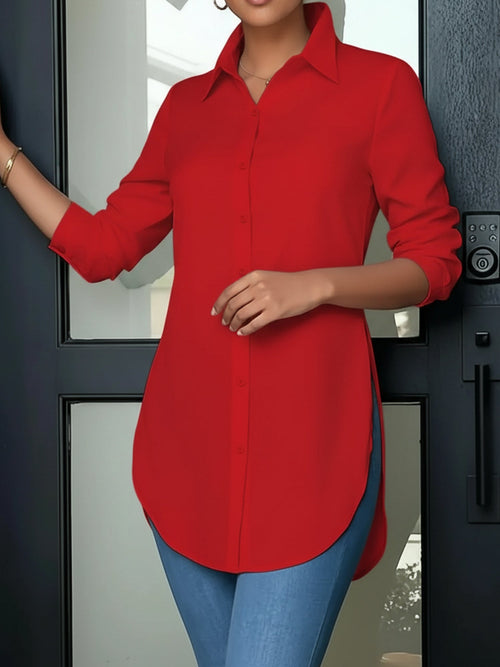 Collared Long Sleeves Solid Color Side Slit Shirt