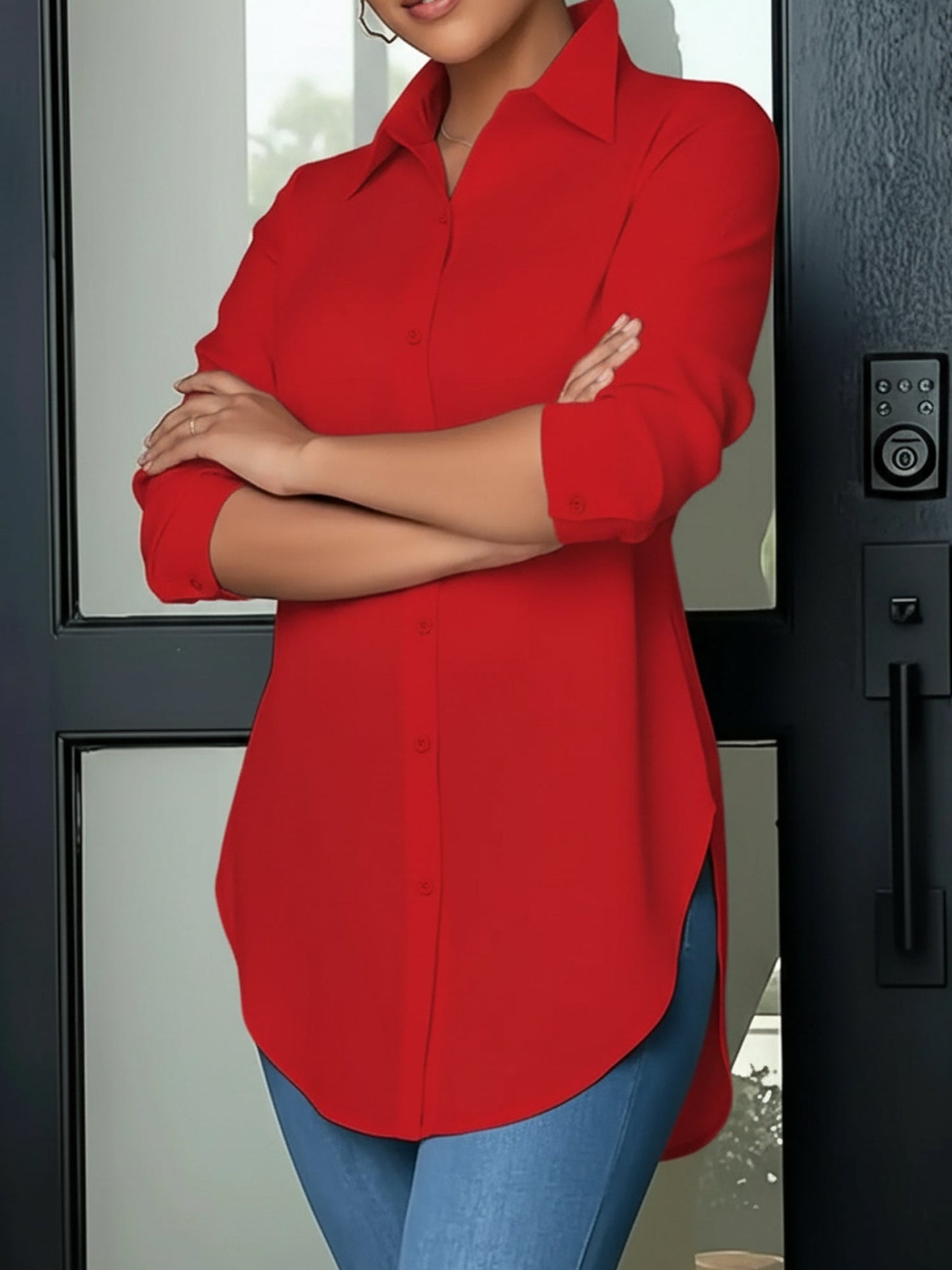 Collared Long Sleeves Solid Color Side Slit Shirt