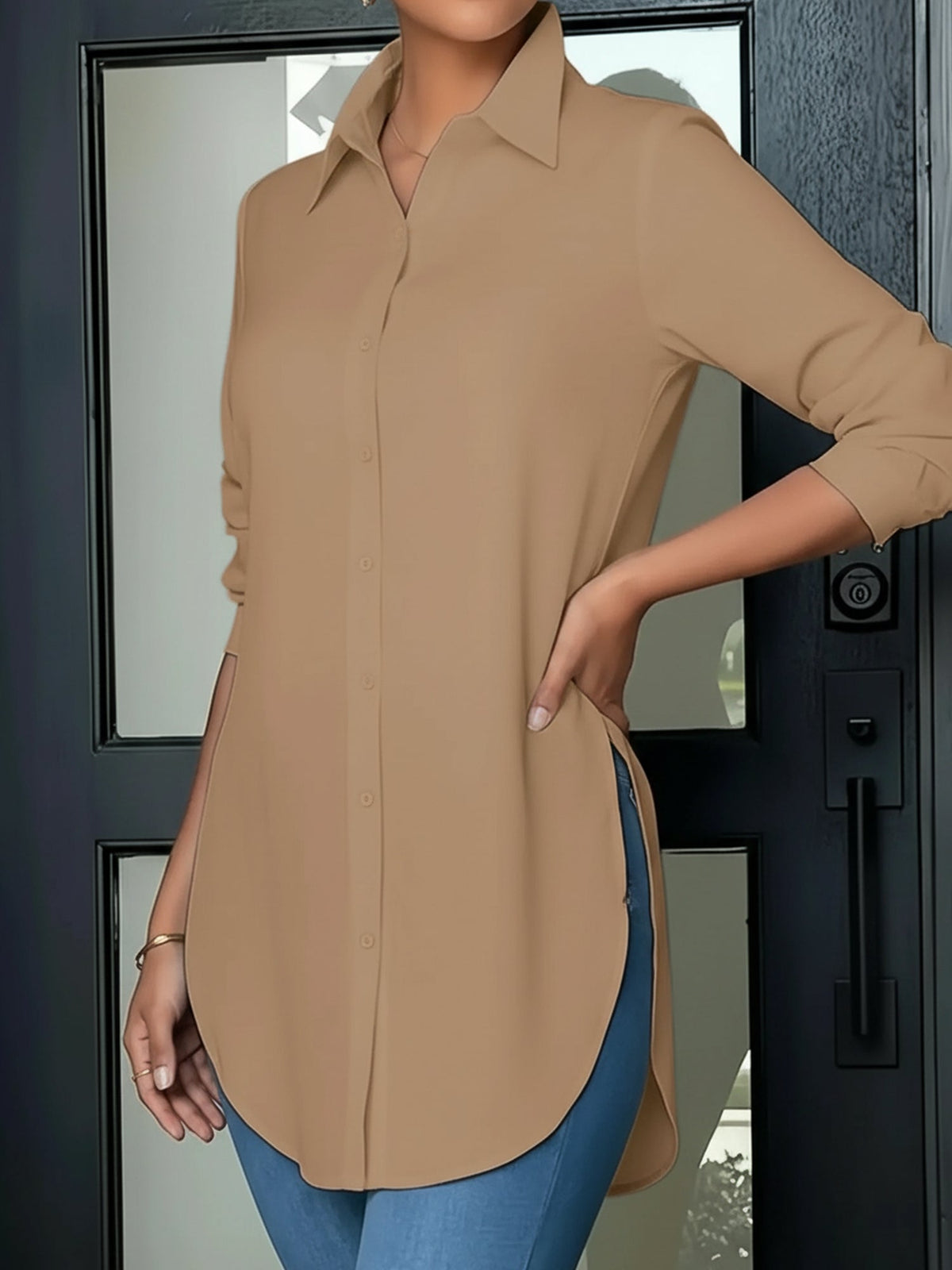 Collared Long Sleeves Solid Color Side Slit Shirt