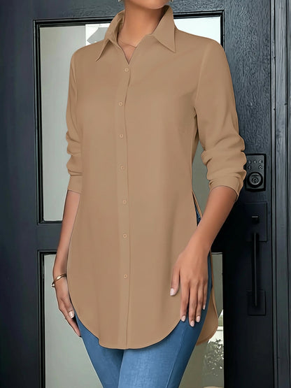 Collared Long Sleeves Solid Color Side Slit Shirt