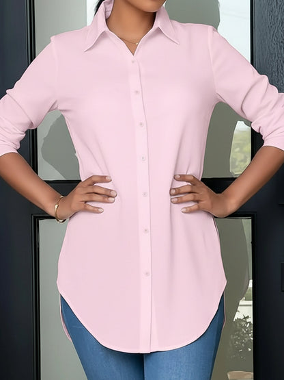 Collared Long Sleeves Solid Color Side Slit Shirt