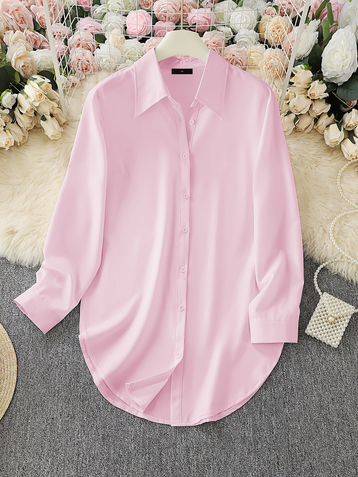 Collared Long Sleeves Solid Color Side Slit Shirt