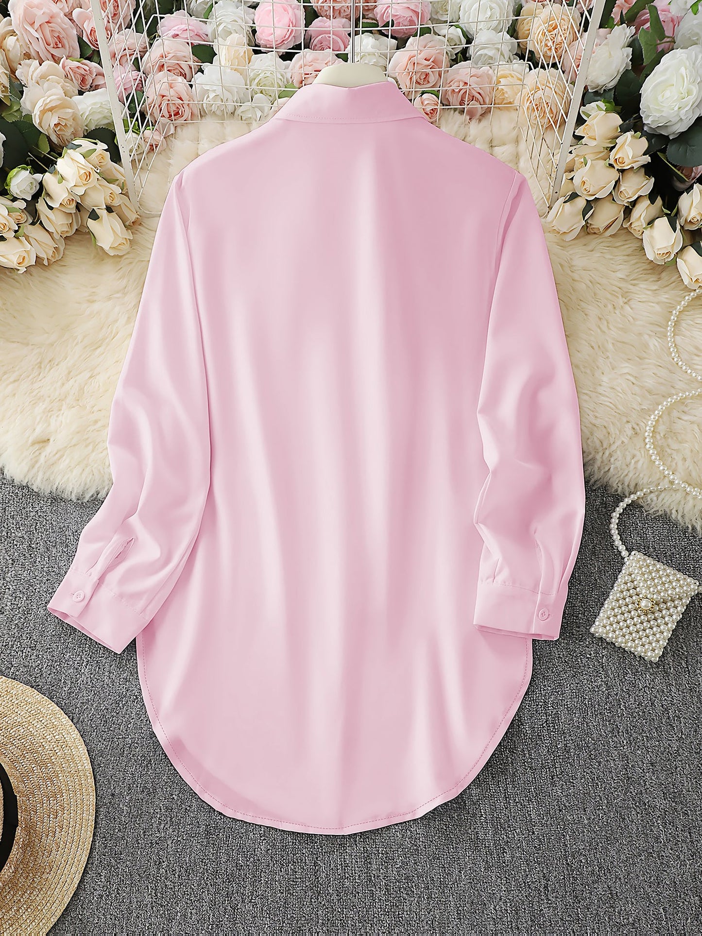 Collared Long Sleeves Solid Color Side Slit Shirt