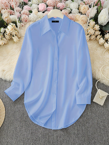 Collared Long Sleeves Solid Color Side Slit Shirt