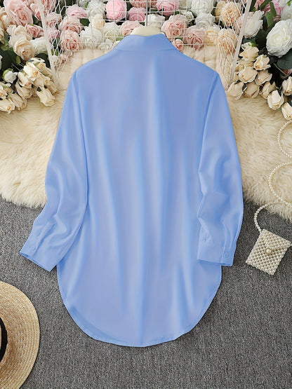 Collared Long Sleeves Solid Color Side Slit Shirt