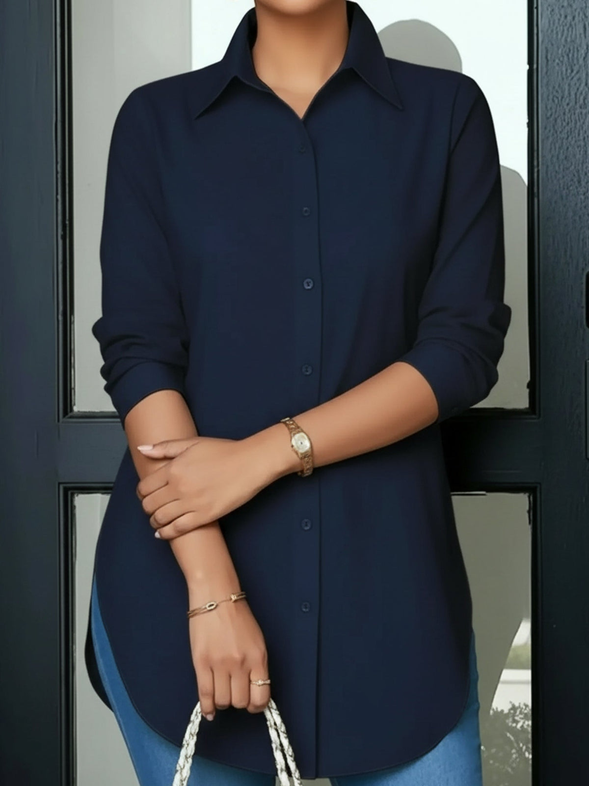 Collared Long Sleeves Solid Color Side Slit Shirt