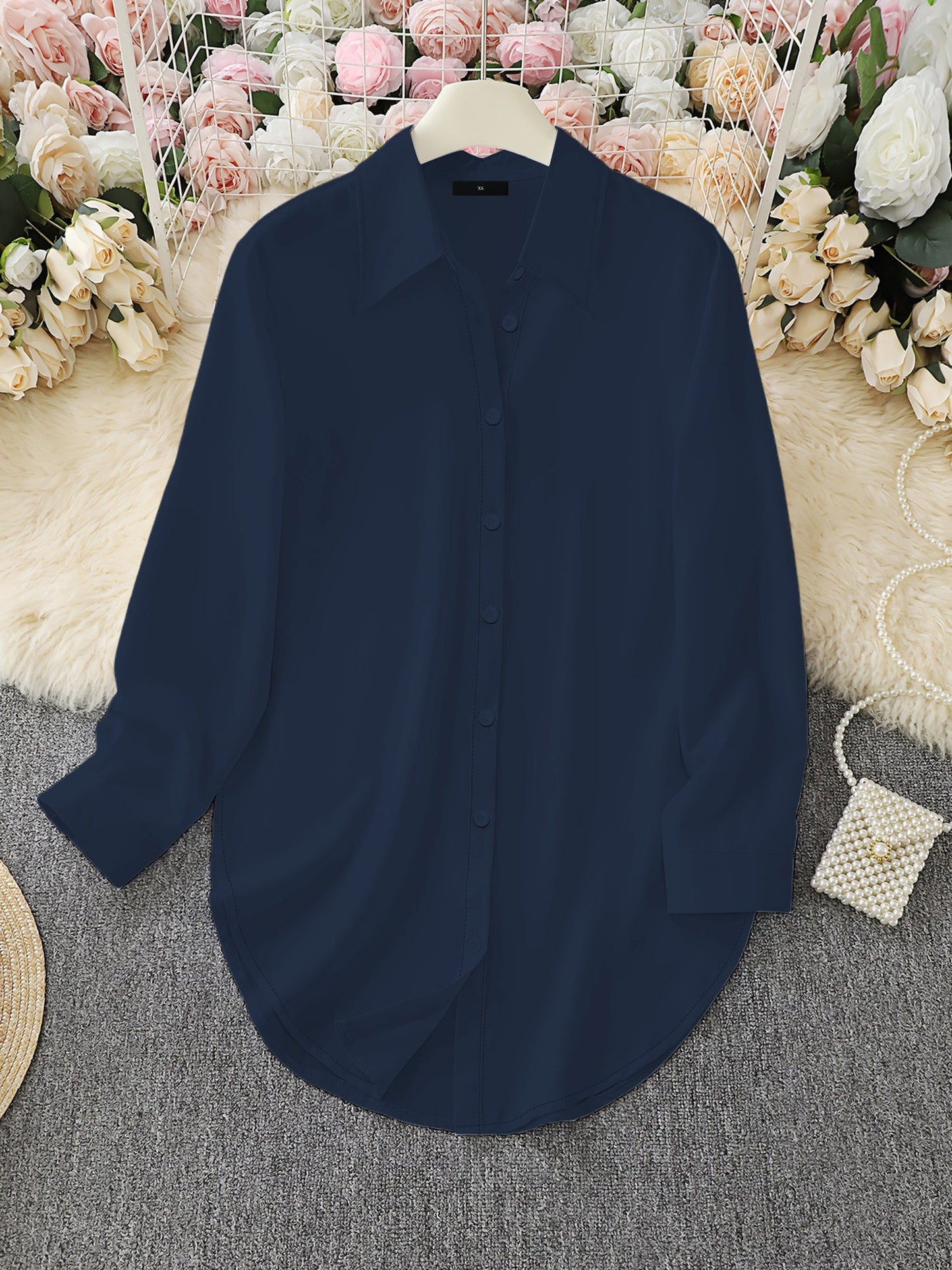 Collared Long Sleeves Solid Color Side Slit Shirt