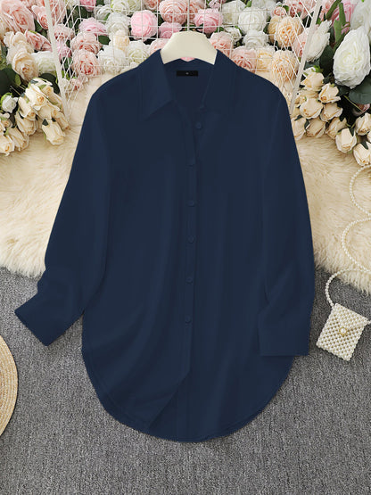 Collared Long Sleeves Solid Color Side Slit Shirt