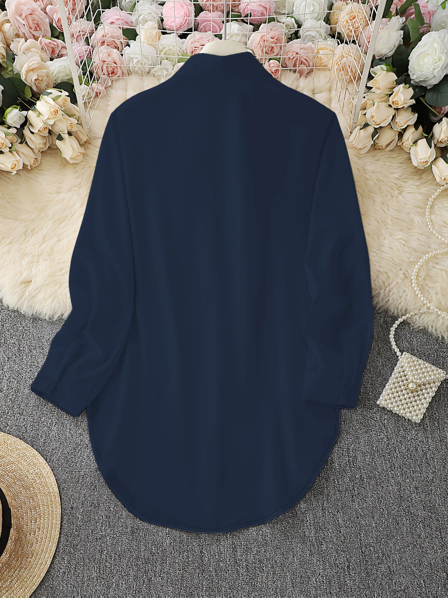 Collared Long Sleeves Solid Color Side Slit Shirt