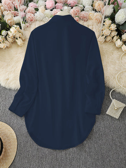Collared Long Sleeves Solid Color Side Slit Shirt