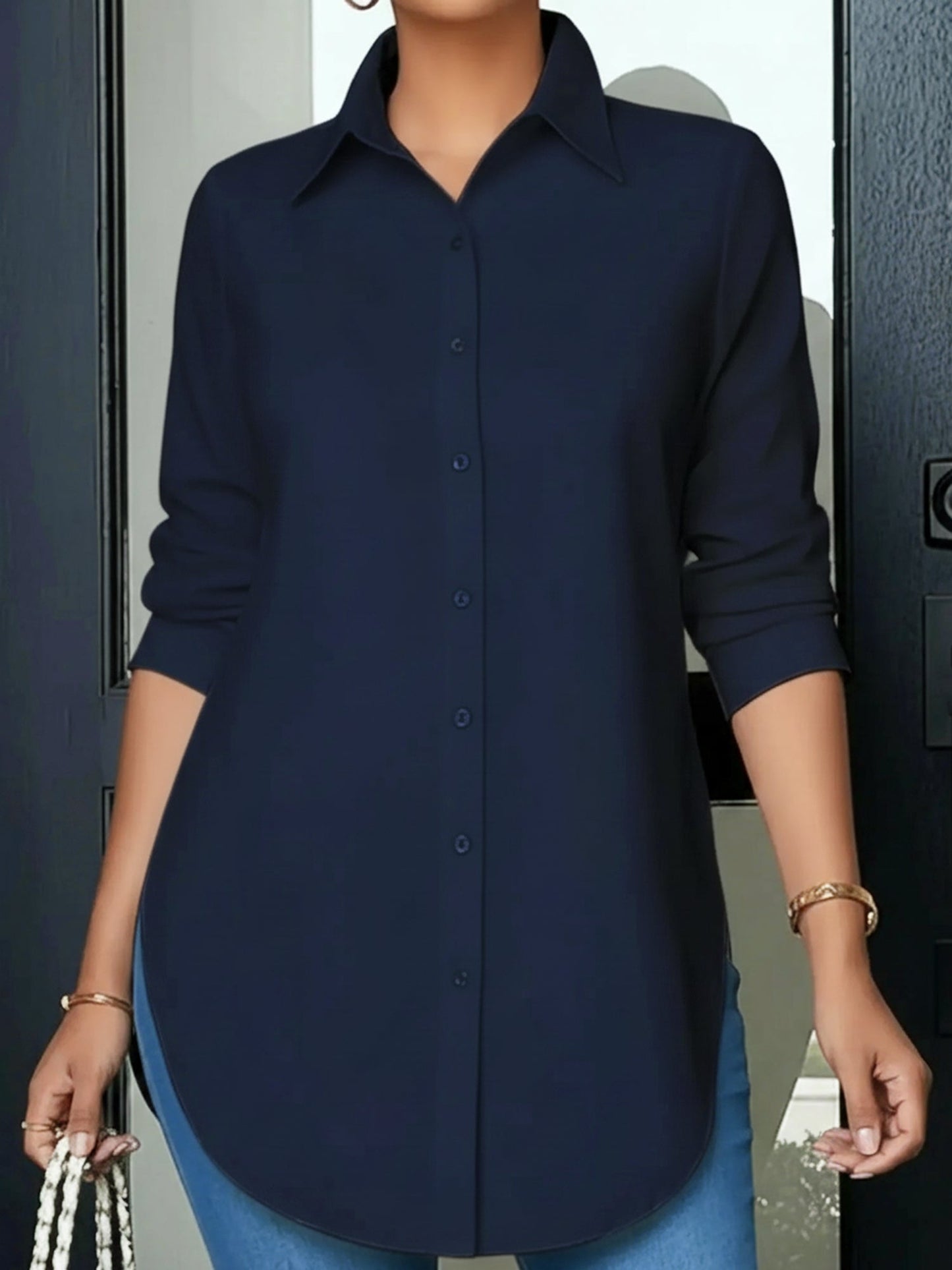 Collared Long Sleeves Solid Color Side Slit Shirt