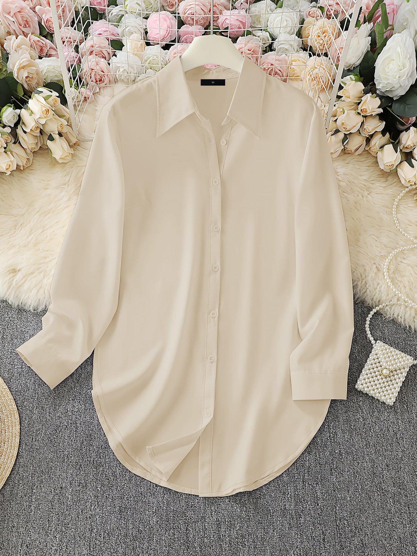 Collared Long Sleeves Solid Color Side Slit Shirt