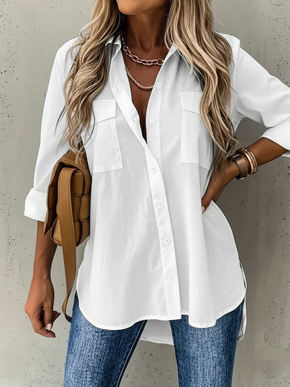 Versatile Long Sleeve Collared Pockets Side Slit Shirt