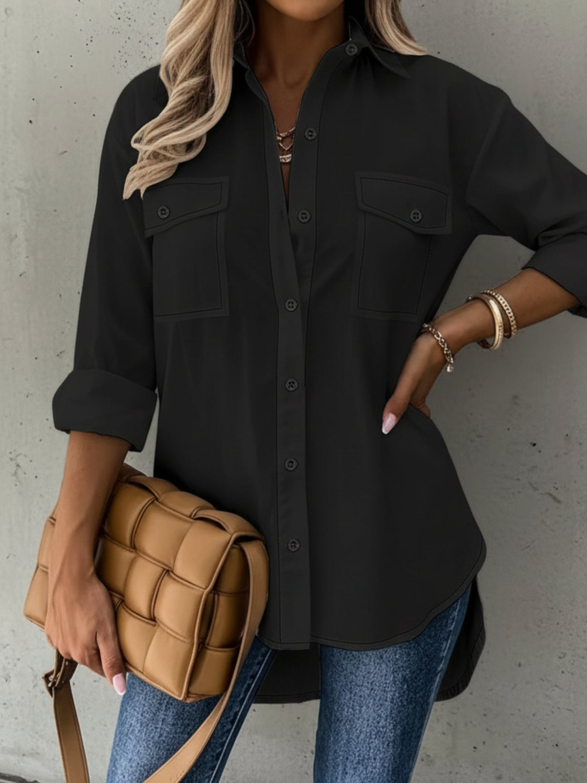 Versatile Long Sleeve Collared Pockets Side Slit Shirt