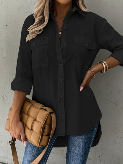 Versatile Long Sleeve Collared Pockets Side Slit Shirt