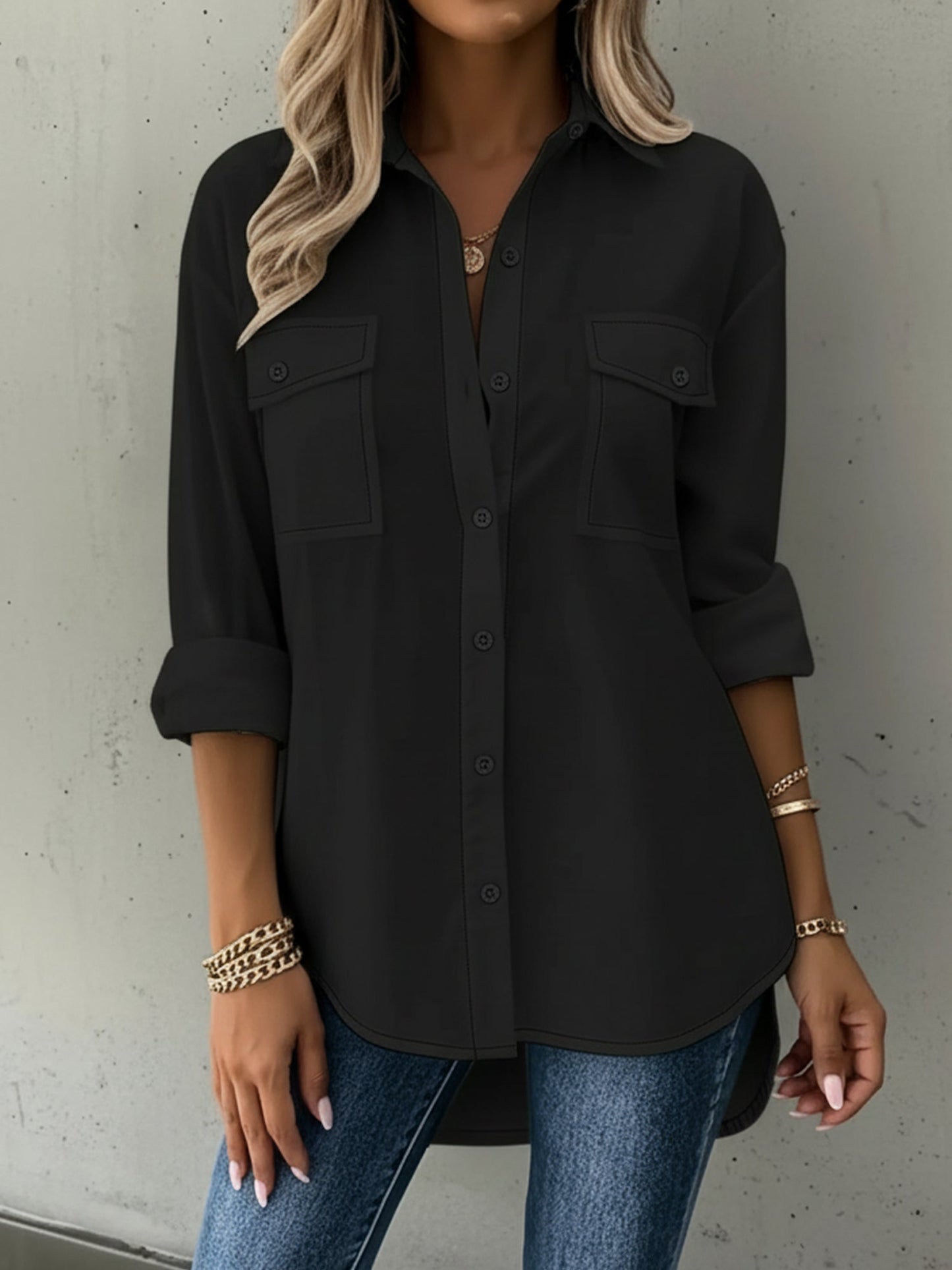 Versatile Long Sleeve Collared Pockets Side Slit Shirt