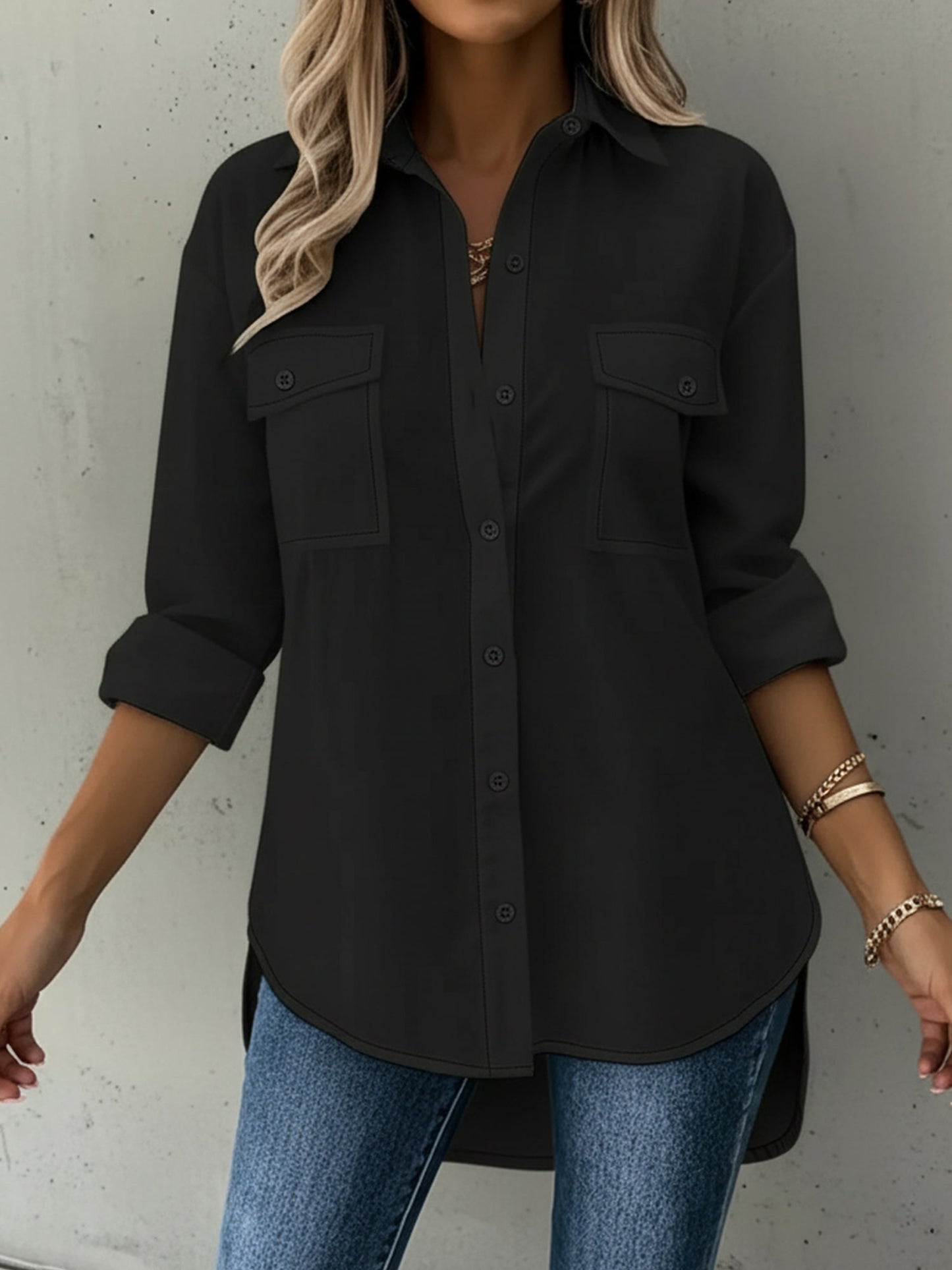 Versatile Long Sleeve Collared Pockets Side Slit Shirt