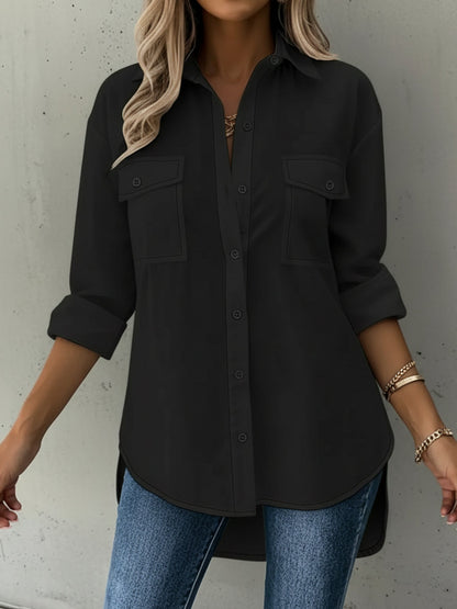 Versatile Long Sleeve Collared Pockets Side Slit Shirt