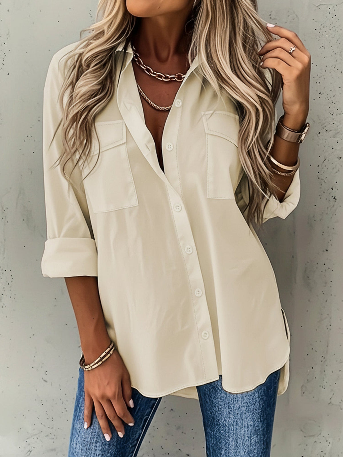 Versatile Long Sleeve Collared Pockets Side Slit Shirt
