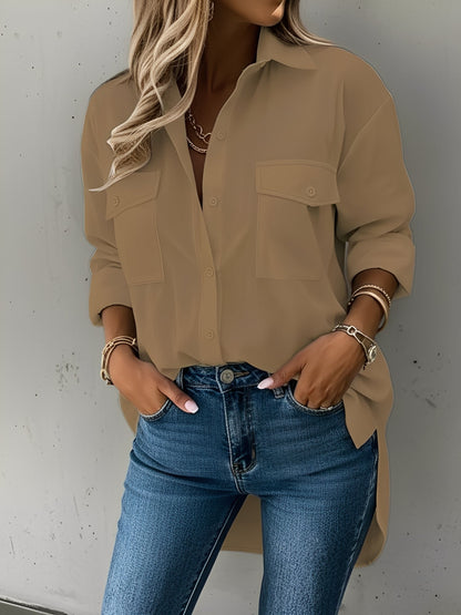 Versatile Long Sleeve Collared Pockets Side Slit Shirt