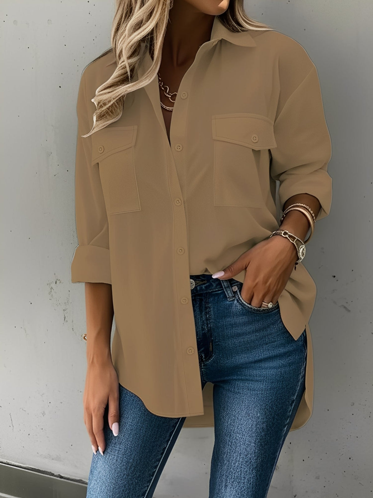 Versatile Long Sleeve Collared Pockets Side Slit Shirt