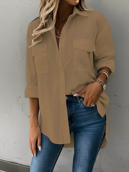 Versatile Long Sleeve Collared Pockets Side Slit Shirt